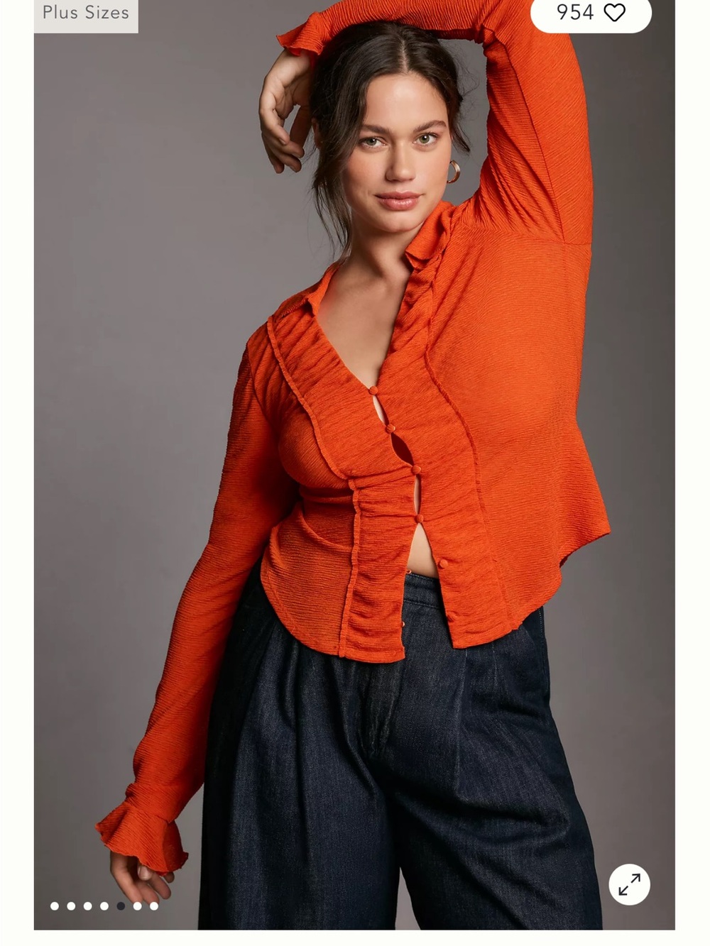 Anthropologie Bright Orange Ruffled Button-Front Top